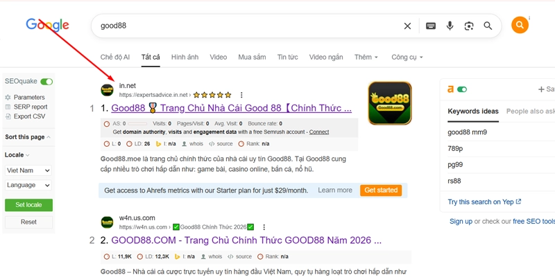 Mở công cụ tìm kiếm search Good88 và tìm link vào chính thức